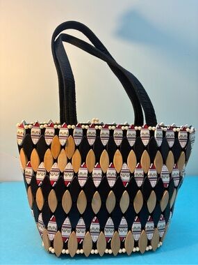 Handcrafted Black and Natural Wood Bead Tote Bag African Zip Top